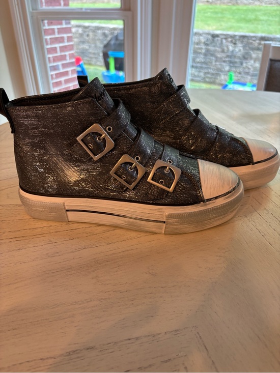 Blowfish Shoes - Blowfish Metallic Black High-Top Buckle Sneakers with White Toe